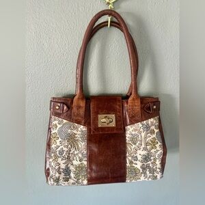 JOYN Vintage Distressed Leather & Floral Canvas Tote | Satchel Mary Poppins Bag